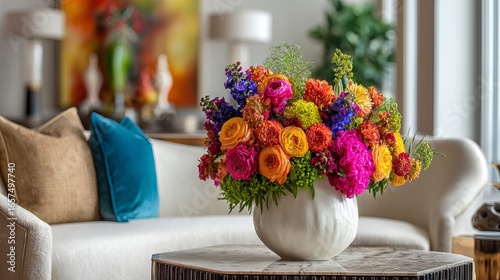 Vibrant floral arrangement brings lively color and sophisticated elegance to a modern living space