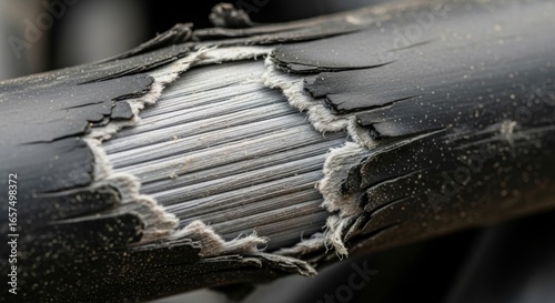 Fractured Integrity: Peeling Black Sheath Exposes a Dense Fibrous Core