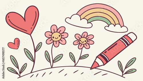 Cute drawing of flowers hearts rainbow and crayon for kids educational resources and creative projects design