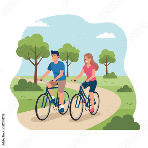 Friends cycling in park on a sunny day with trees, grass, and outdoor healthy activity