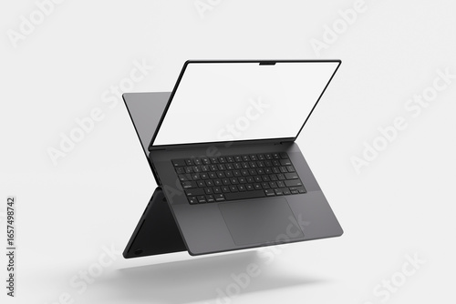 Modern Dark Grey Laptop with Blank Screen Floating on Light Background