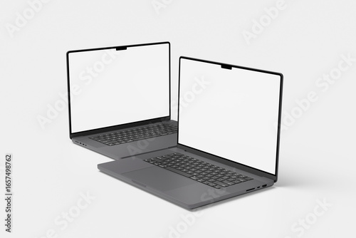 Two Professional Gray Laptops with Blank Screens on a Clean White Background.