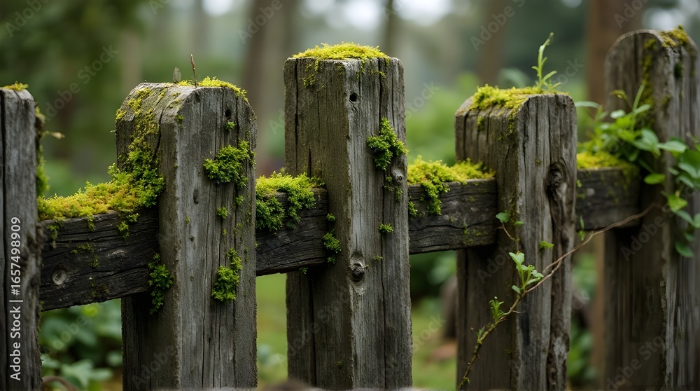 Naklejka premium Close-up of an old, weathered wooden fence with vibrant green moss growing on the posts and rails in a tranquil forest.