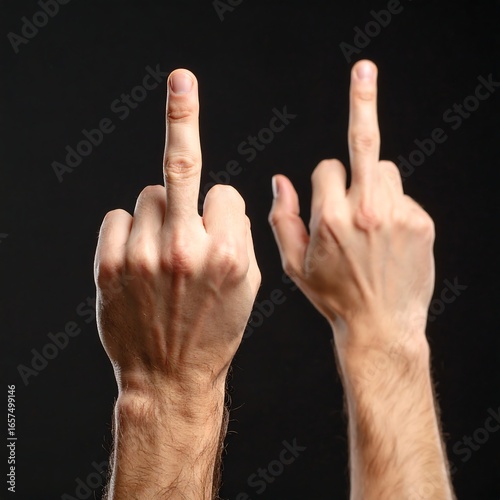 Two hands displaying a rude gesture against a black background