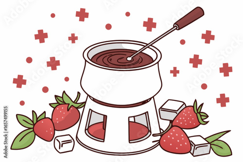 Delicious chocolate fondue with fresh strawberries and marshmallows dessert vector illustration