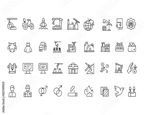 Set of line icons. Collection of types of types of Industries. Different kinds of Engineering, Manufacturing, Production activities
