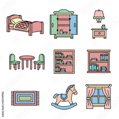Furniture and home interior icon set with bed, chair, wardrobe, desk, shelves, and lamp