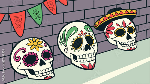 Dia de los muertos sugar skulls with sombrero and banner vector illustration for day of the dead celebration