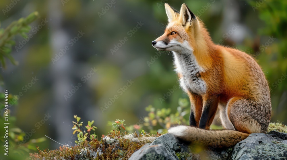 Fototapeta premium Red fox in alaskan wilderness - nature and wildlife photography. Horizontal banner. Copy space. Postacard from Alaska. World fox day. World Animal Day. World Wildlife Day