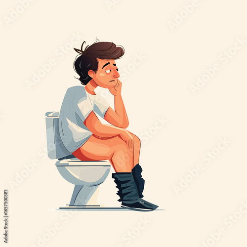 This vector illustration shows a sad young man sitting on a toilet, wearing a t-shirt, looking frustrated and uncomfortable.
