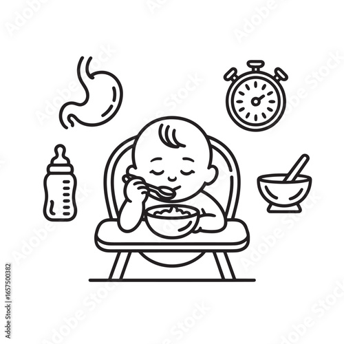 Baby Led Weaning Illustration Black and White Minimalist Depiction of Infant Feeding and Digestive Development