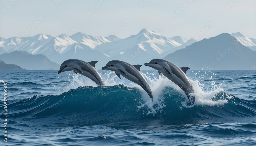 Obraz premium Dolphins Jumping Playfully Above Ocean Waves with Snowy Mountains in Background