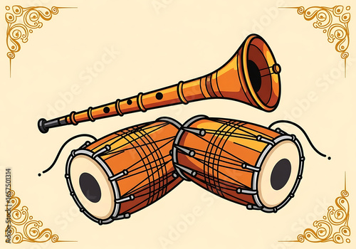 Illustration of traditional indian musical instruments shehnai and dhol isolated on a beige background