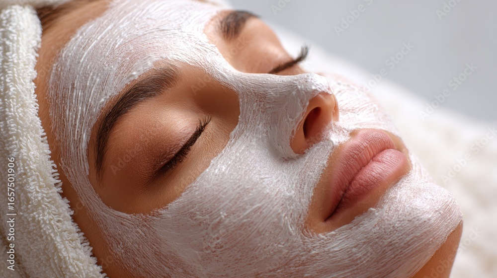 Naklejka premium Close-up of a woman with a facial mask and towel wrapped around her head, enjoying a relaxing skincare treatment in a spa setting