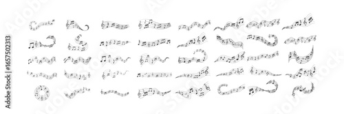Music notes wave set vector illustration with flowing melody lines, treble and bass clef icons.
