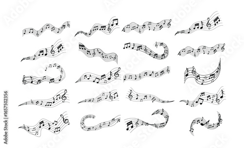 Music notes wave set vector illustration with melody lines, treble clef, circular frame and abstract background of decorative musical symbols.