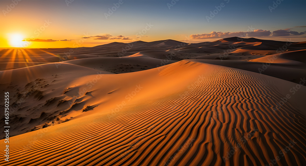 Naklejka premium Sunset Lighting Over Sand Dunes with Rippling Patterns