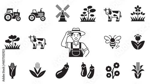 Black and White Farm Icons Vector Illustration Featuring Farmer Windmill Cow Tractors and Crops Agriculture and Rural Life Concept