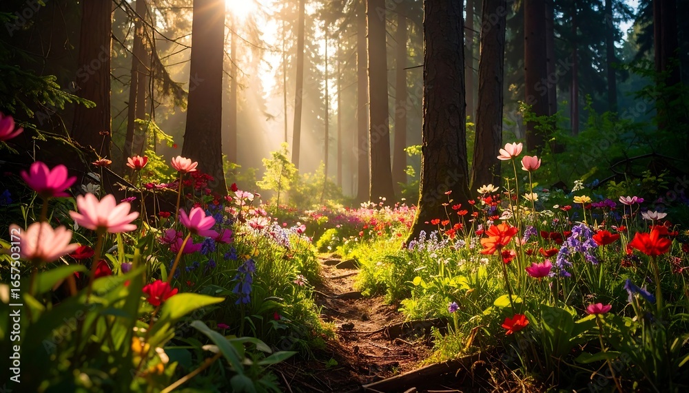 Obraz premium Sunlit path through a vibrant spring forest
