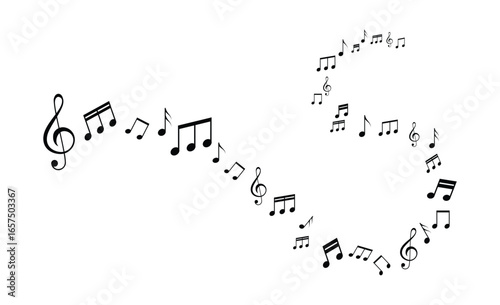 Melodic wave of musical notes vector pack with swirls and curved note symbols, circular and flowing designs.
