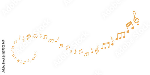 Music notes wave set vector illustration with melody lines, treble clef, circular frame and abstract background of decorative musical symbols.