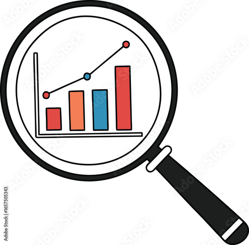 Vector art of magnifying glass focusing on a business graph showing growth isolated on white background