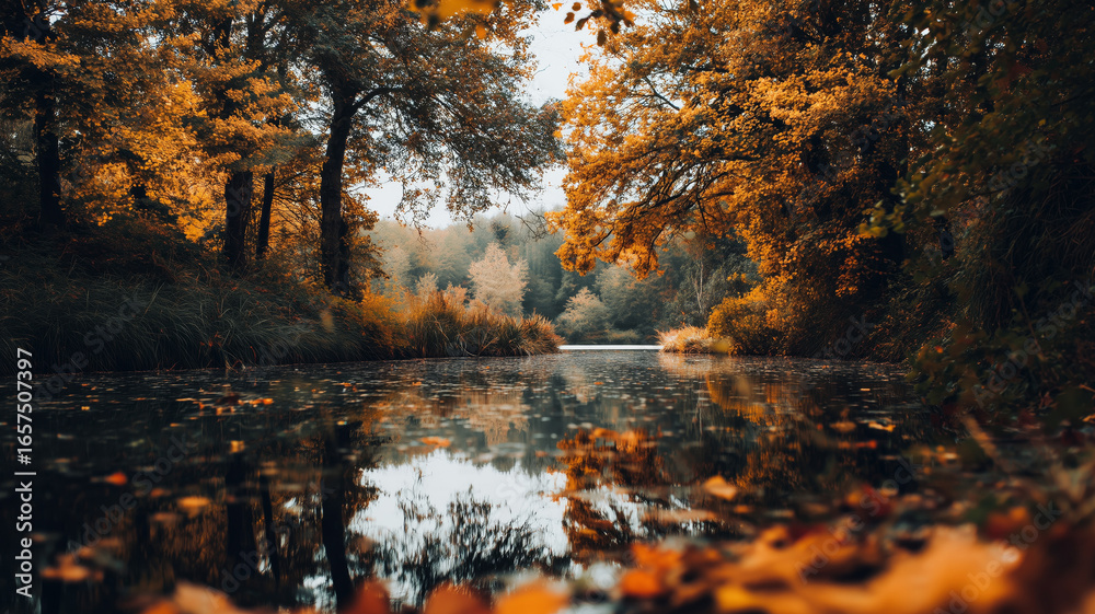 Obraz premium Autumn leaves on the lake in the forest