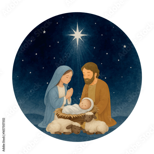 Vector Watercolor Nativity illustration with Mary, Joseph and Baby Jesus in a manger under the Bethlehem Star. Perfect for Christmas cards, Christian art and holiday decorations.