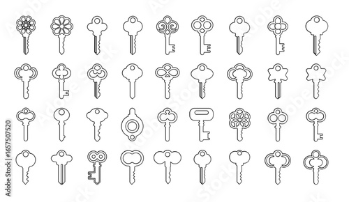 Outline vector set of keys Hand drawn outlined icons of antique and modern keys in black and white style