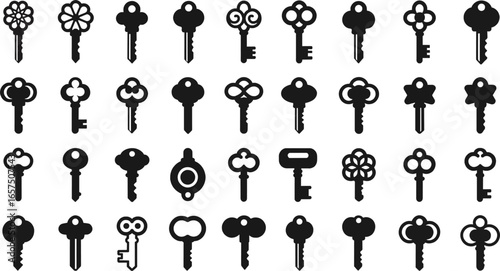 Black vintage key silhouette vector set Collection of antique and modern black silhouette key icons in vector styl