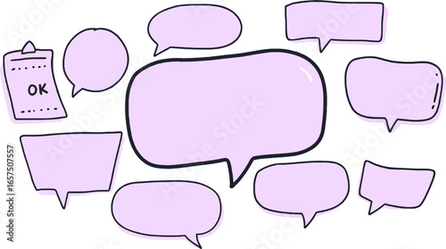 Purple vector speech bubble illustration set Flat design doodle style purple speech bubbles in various shapes for comics or chat