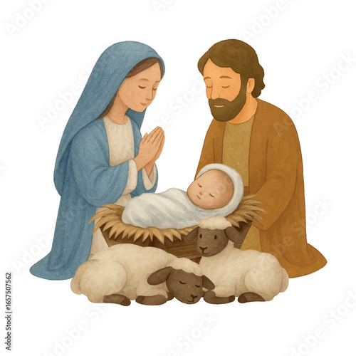 Vector Watercolor Nativity scene with Mary, Joseph, Baby Jesus in a manger and sheep. Perfect for Christmas cards, Christian art, holiday decor and religious illustrations