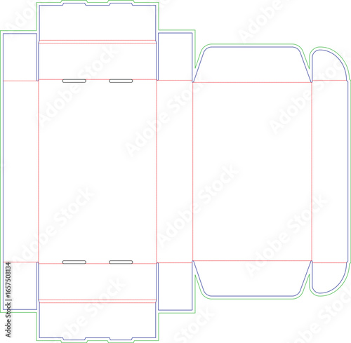 Die Cut Box Layout with Green and Blue Cutting Lines on White Background