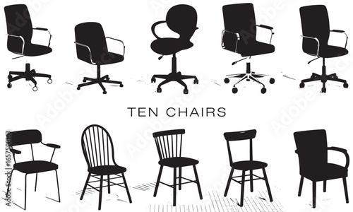 Black and White Silhouette Illustration of Ten Different Chairs for Creative Design Projects and Office Decor Inspiration