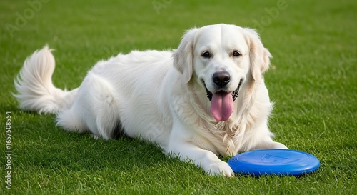 Happy golden retriever dog lying on green grass with blue disc
