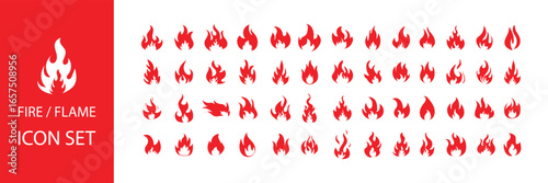 Flame vector collection with fire icons, flammable sign silhouettes, campfire and energy flame symbols.
