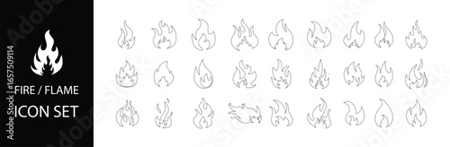 Flame vector collection with fire icons, flammable sign silhouettes, campfire and energy flame symbols.
