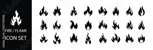 Flame vector collection with fire icons, flammable sign silhouettes, campfire and energy flame symbols.
