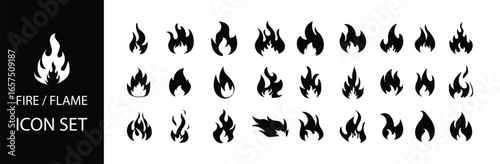 Flame vector collection with fire icons, flammable sign silhouettes, campfire and energy flame symbols.
