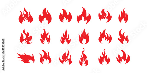 Vector fire flame icon set with burning symbols, fireball signs, campfire and bonfire flame illustration.