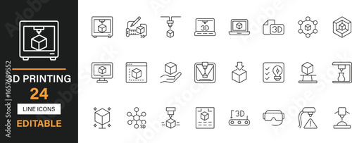 3d printing 24 editable line icons set. Additive, extruder, filament, nozzle, bed, layer, cad, slice, resin  and solid icons.