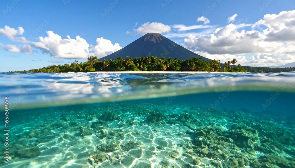 Fototapeta premium Spectacular view of volcanic island and pristine underwater coral reef ecosystem
