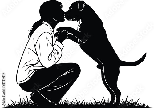 Silhouette of person kneeling on grass with dog standing on hind legs, touching noses, pet bonding, animal friendship, vector illustration design