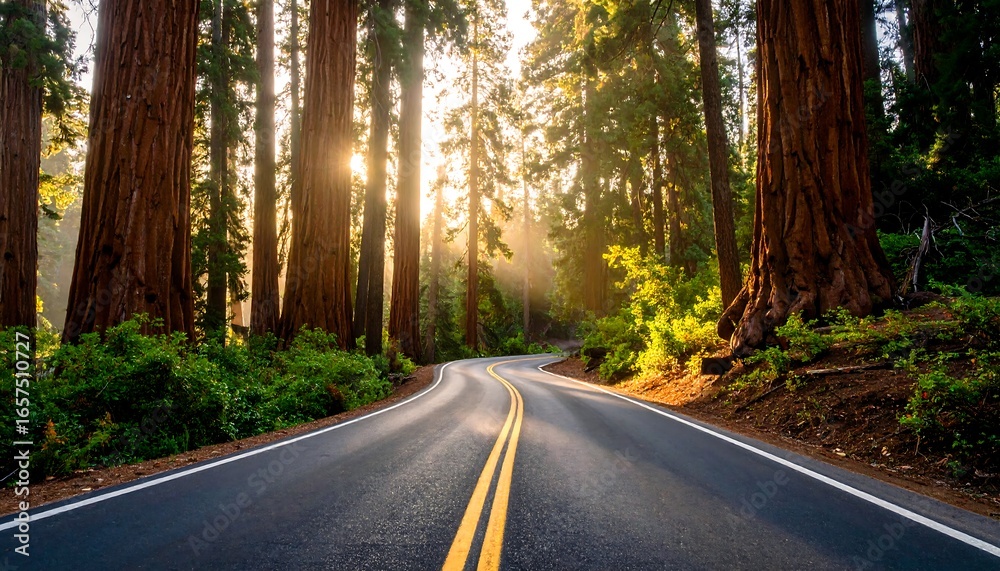 Fototapeta premium Sunlit Journey: Driving through a Majestic Redwood Forest Landscape Exploring Serenity