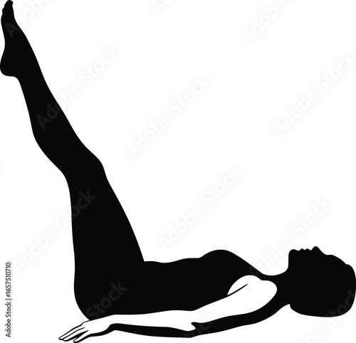 Silhouette of person performing leg raise exercise on back, black and white vector illustration, fitness workout concept, minimalist gym training art design