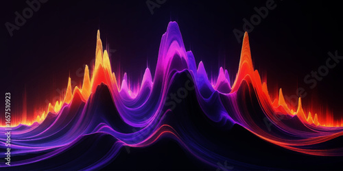 Abstract wave pattern with flowing lines in shades of red, purple, and orange, set against a dark background.	