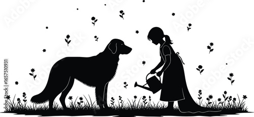 Silhouette of person watering garden, dog standing nearby, black and white illustration, peaceful nature scene, floral background, nurturing moment