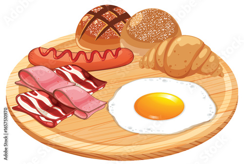 Classic Breakfast Platter with Egg, Bacon, and Pastries