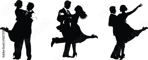 Silhouette of three dancing couples in elegant poses, ballroom dance, performance, partner interaction, graceful movement, romantic dance vector illustration design