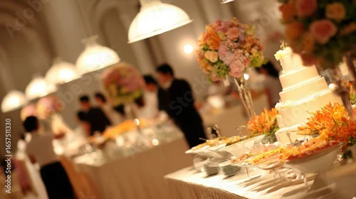 Obraz  z motywem A beautifully arranged wedding buffet with tiered cake and floral decor, evoking romance and joy.